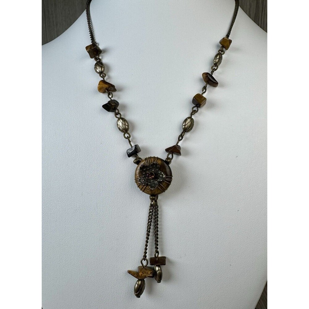 Vintage AVON NR Tiger's Eye Tassel Pendant Necklace 18" Brass Tone Lobster Clasp